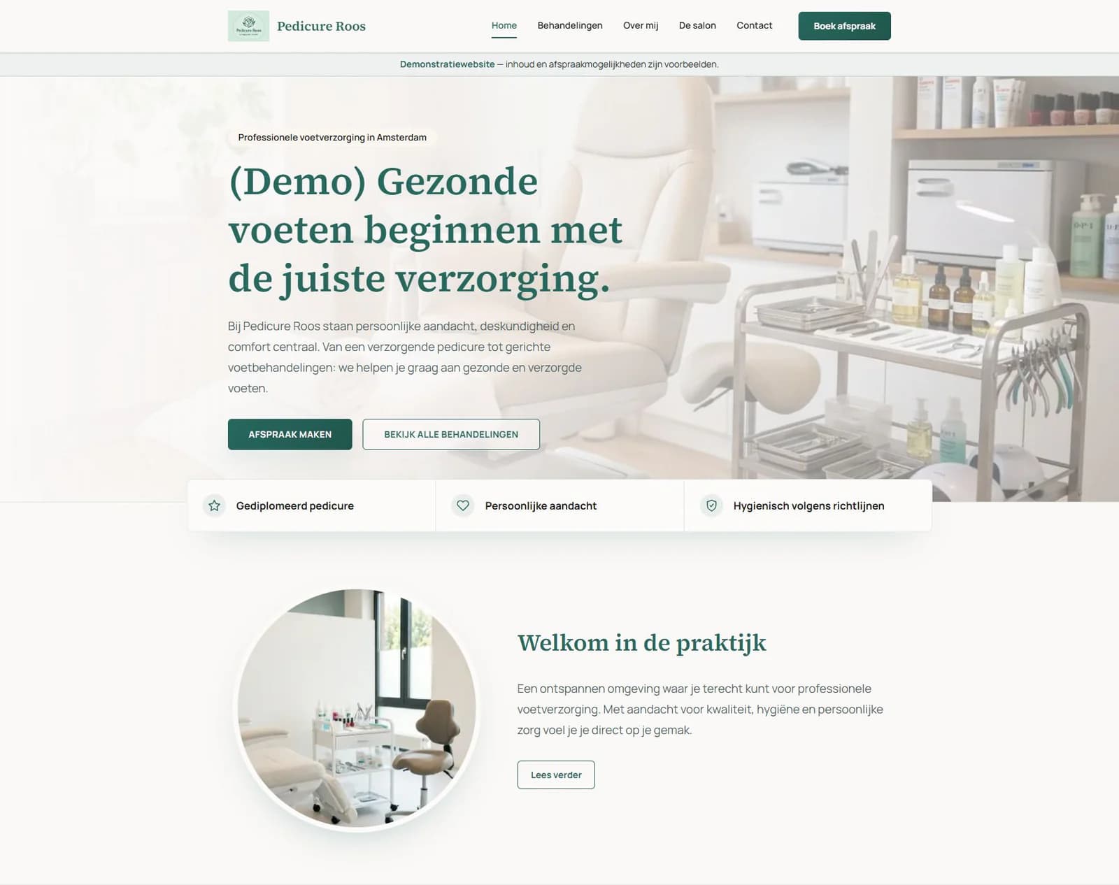 Voorbeeld van de pedicurewebsite van Pedicure Roos, met homepage en kennismaking