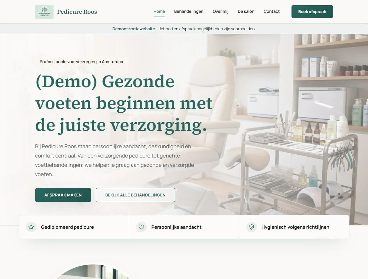 Voorbeeld van de homepage van Pedicure Roos